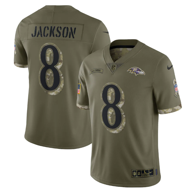 Men's Baltimore Ravens #8 Lamar Jackson Olive 2022 Salute To Service Limited Stitched Jersey